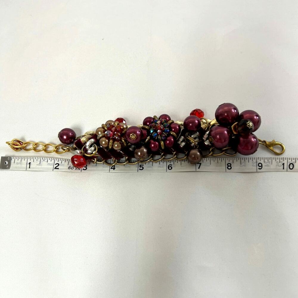 Dangling Burgundy Baubles Rhinestoned Center on Gold And Silver Toned Metal Link - Picture 3 of 4